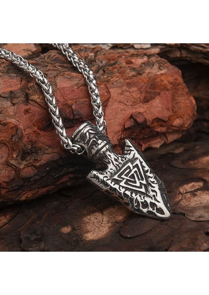 Viking Best Desenli Ok Ucu Pusula Erkek Kolye Çelik Iskandinav