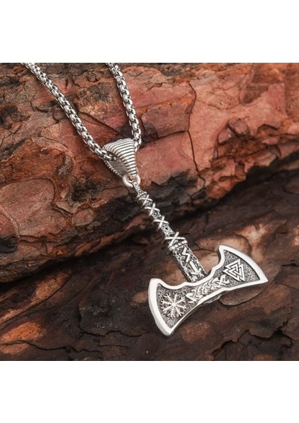 Viking Gri Çift Taraflı Balta Erkek Kolye Çelik Iskandinav Takı