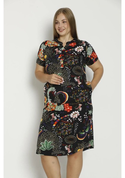 Kadın Kısa Kollu Cepli Düğmeli Büyük Beden Penye Modal Pamuklu Elbise