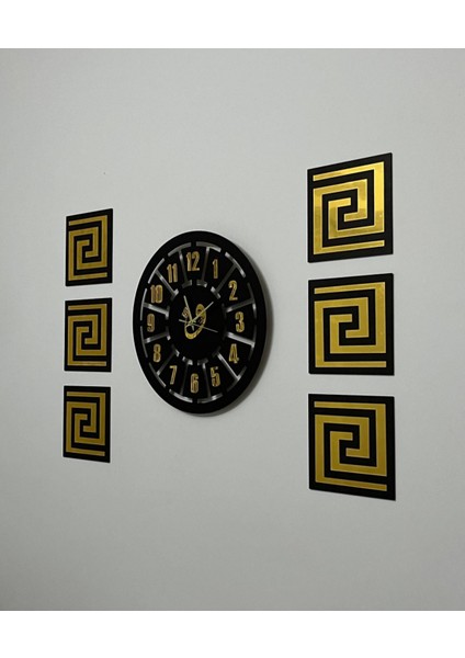 Tablo Duvar Saati Siyah - Gold Aynalı Pleksiglass Vav Kelamı 7 Parça 80 x 60 cm