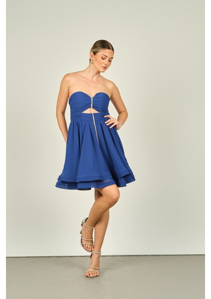 Kadın Straplez Pencere Detaylı Şifon Mini Abiye Elbise 4597 Indigo