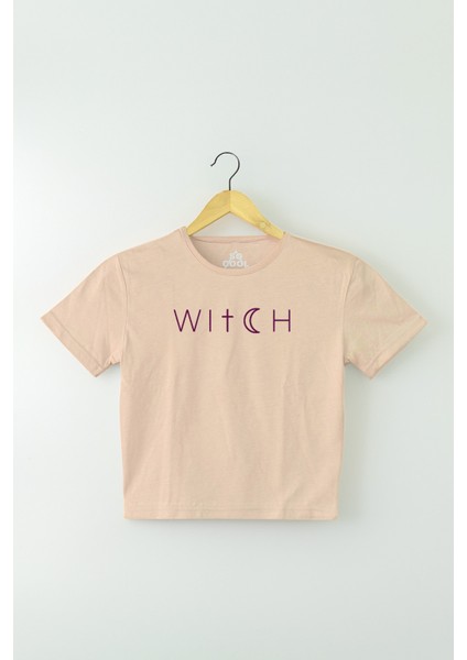 Bej Renk Crop T-Shirt Witch Cadı Baskılı Kadın Tişört Baby Tee