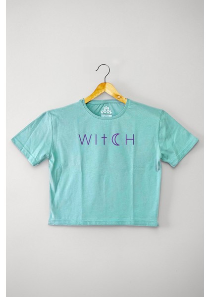 Mint Yeşil Renk Crop T-Shirt Witch Cadı Baskılı Kadın Tişört Baby Tee