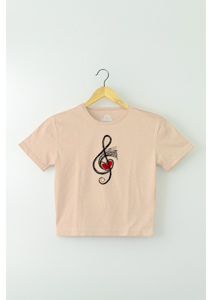 Bej Renk Crop T-Shirt Müzik Nota Sol Anahtarı Music Baskılı Kadın Tişört Baby Tee