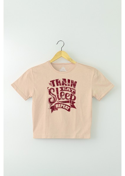 Bej Renk Crop T-Shirt Eat Sleep Train Repeat Baskılı Kadın Tişört Baby Tee