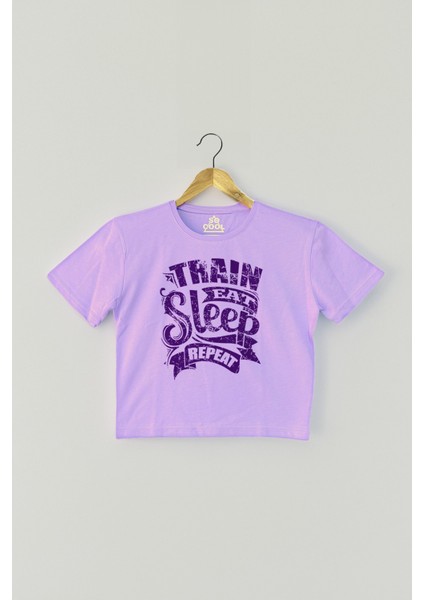 Lila Crop T-Shirt Eat Sleep Train Repeat Mor Renk Kadın Tişört Baby Tee