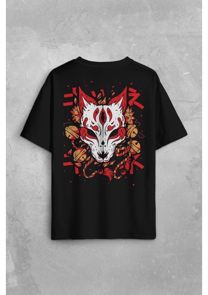 Kitsune Mask Japanese Japon Kültür Sırt Ön Baskılı Oversize Tişört Unisex T-Shirt fiyatları