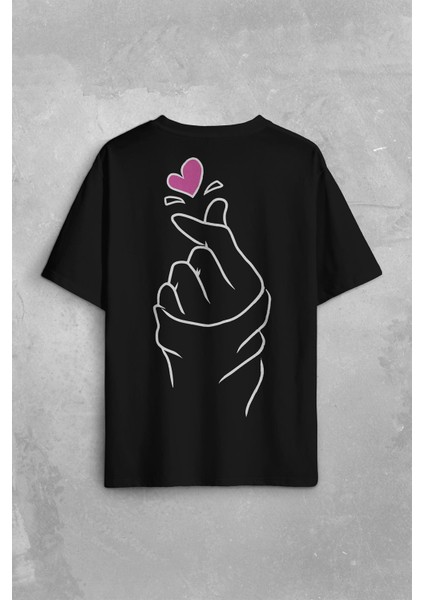 Seni Seviyorum Kore El Işareti Minimal Sırt Ön Baskılı Oversize Tişört Unisex T-Shirt