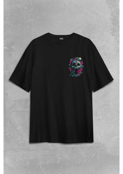 Unisex Sugar Skull Skeleton Rose Kuru Kafa Gül Sırt Ön Baskılı Oversize Tişört Unisex T-Shirt