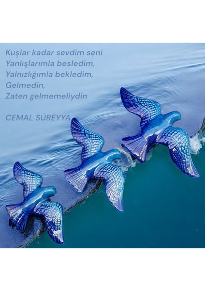 3lü Turkuaz Mavi Seramik Duvar Süsü Kuşlar