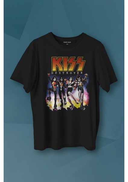 Unisex T-Shirt Kiss The Destroyer Rock Music Album Siyah Baskılı Tişört