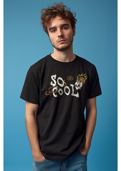 Unisex T-Shirt Skull Logo Y2K Kuru Kafa Galaksi Uzay Galaxy Siyah Baskılı Tişört