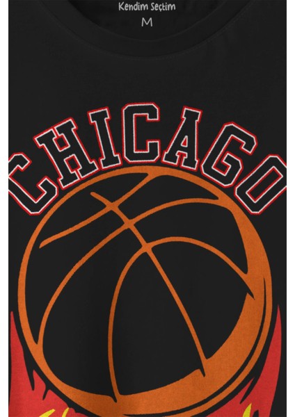 Unisex T-Shirt Basketbol Spor Basketball Chicago Yazı Siyah Baskılı Tişört