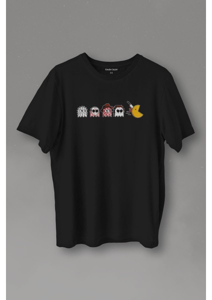 Unisex T-Shirt Among Us Pacman Hallowen Korku Film Oyun Siyah Baskılı Tişört