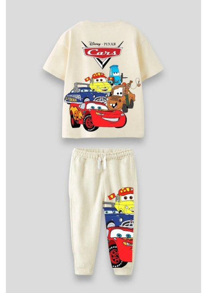 Erkek Çocuk Ekru Cars Desenli Pamuklu Oversize T-Shirt Eşofman Alt-Üst Takım