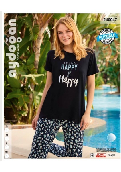 Aydoğan Homewear -Think Happy Be Happy- Yazılı Viskon Yazlık Pijama Takımı