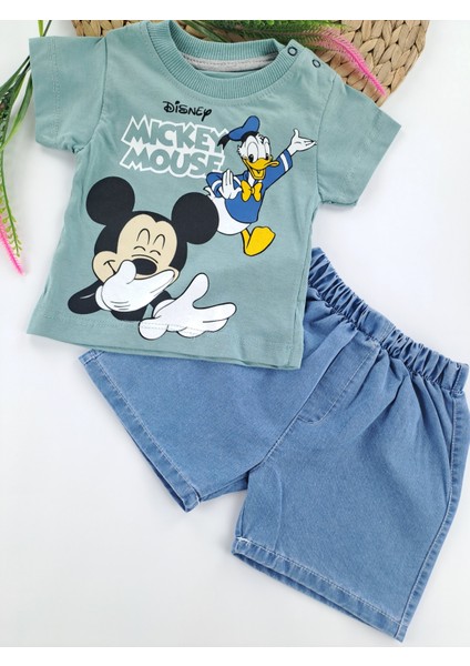 Erkek Bebek Ikili Takım Kot Şort Tişort Mickey Mouse Baskılı Su Yeşili