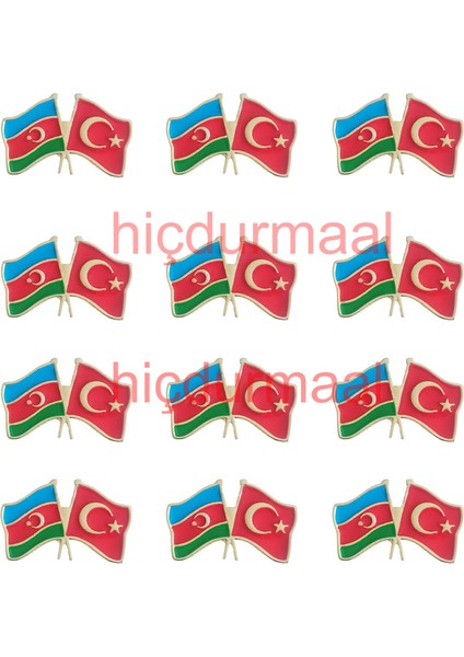 Azerbaycan Türkiye Flamalı Renkli Gold Renk Metal Rozet 1 Paket 12'li