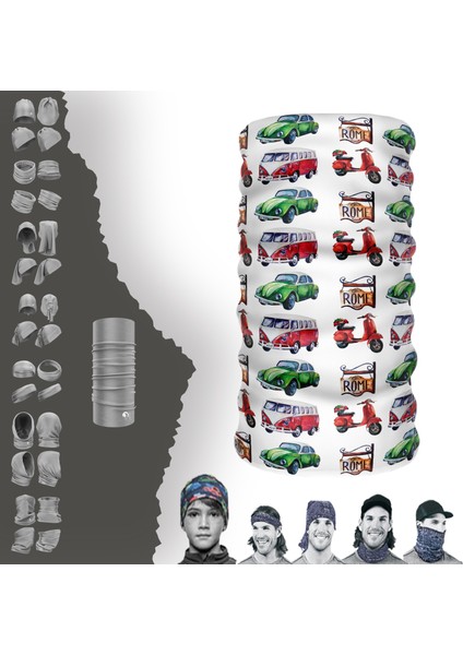 Araba ve Motor Desenli Boyunluk Maske Baf Bandana