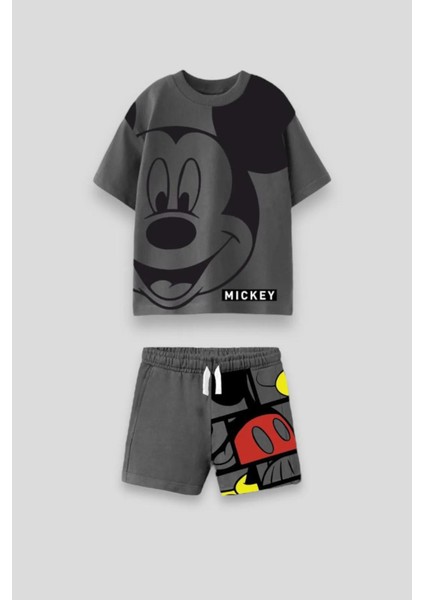 Çocuk Siyah Mickey Mouse Desenli Pamuklu T-Shirt Şort Alt-Üst Takım