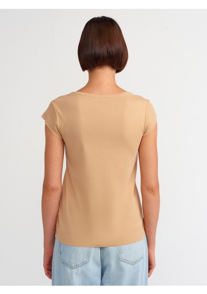 31117 V Yaka Pamuklu T-Shirt-Bej