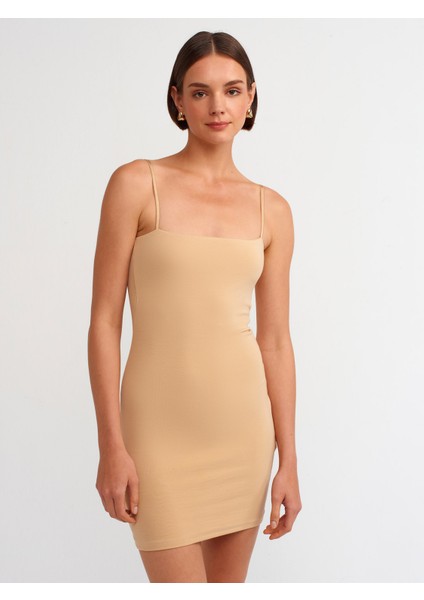 91129 Vücuda Oturan Askılı Mini Elbise-Bej