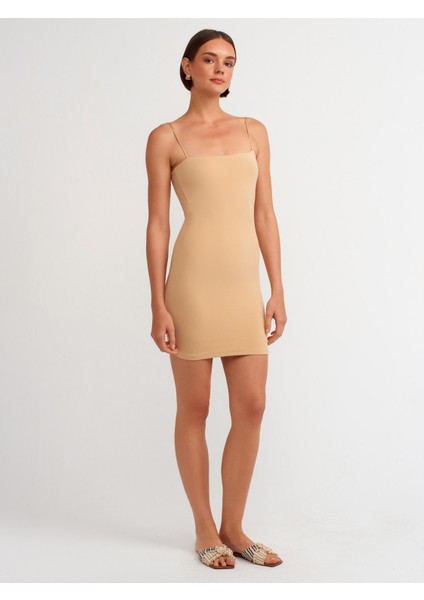 91129 Vücuda Oturan Askılı Mini Elbise-Bej modelleri