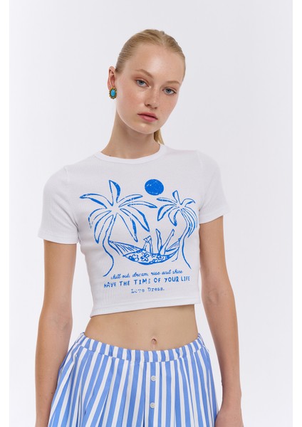 Palmiye Baskı Detaylı Crop Tişört Beyaz