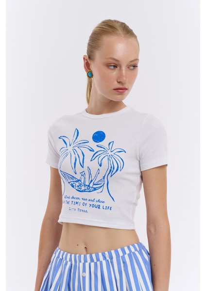 Palmiye Baskı Detaylı Crop Tişört Beyaz fiyatları