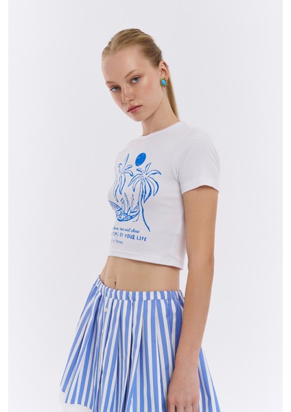 Palmiye Baskı Detaylı Crop Tişört Beyaz modelleri