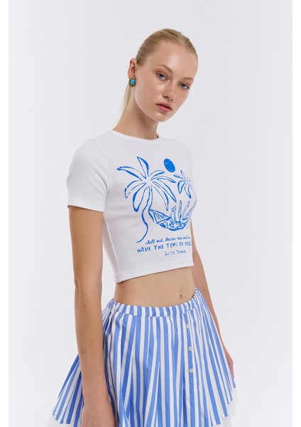 Palmiye Baskı Detaylı Crop Tişört Beyaz fırsatları