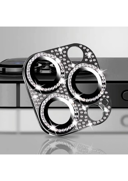 iPhone 12 Pro Uyumlu 9h Metal Elmas Desenli Taşlı Tek Parça Kamera Lens Koruyucu Siyah