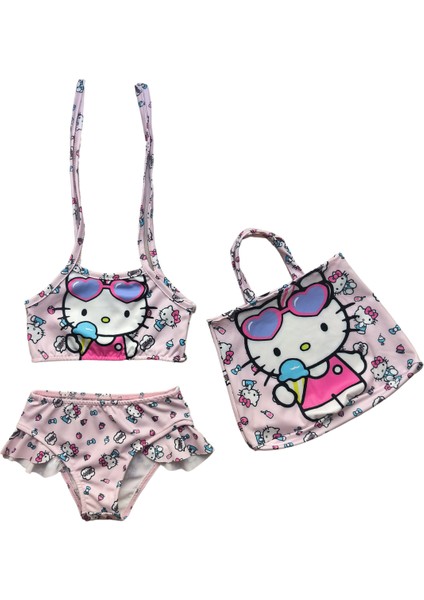 Kız Çocuk Çantalı Fırfırlı Hello Kitty Baskılı Pembe Üçlü Bikini Takımı