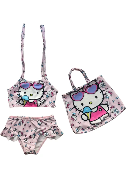 Kız Çocuk Çantalı Fırfırlı Hello Kitty Baskılı Pembe Üçlü Bikini Takımı