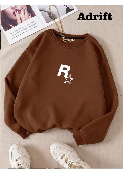 Rockstar Baskılı Bisiklet Yaka Sweatshirt