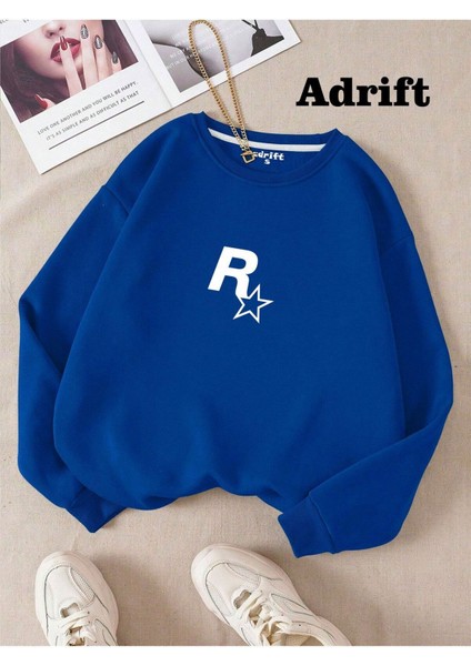 Rockstar Baskılı Bisiklet Yaka Sweatshirt