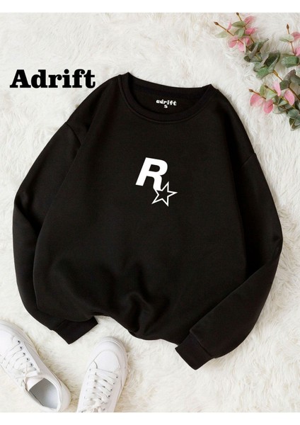 Rockstar Baskılı Bisiklet Yaka Sweatshirt