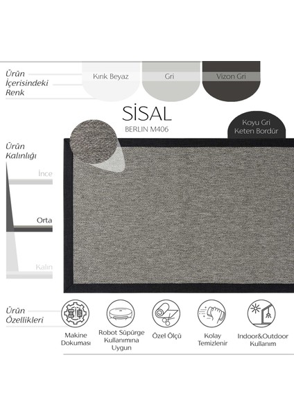 Berlin M406 Hav Toz Vermez Kolay Temizlenen Hasır Doku Balık Sırtı Ithal Sisal Halı