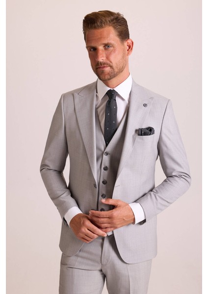 Erkek Gri Slim Fit Sivri Yaka Yelekli Takım Elbise