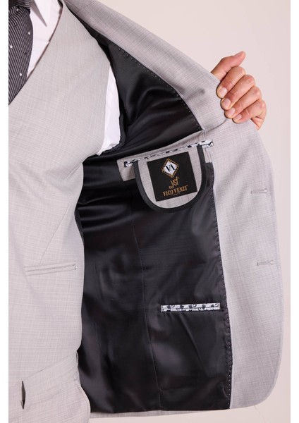 Erkek Gri Slim Fit Sivri Yaka Yelekli Takım Elbise