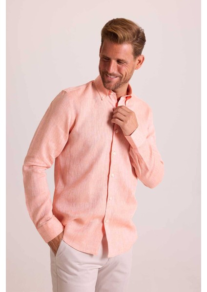 Erkek Turuncu Yaka Düğmeli Slim Fit Keten Gömlek
