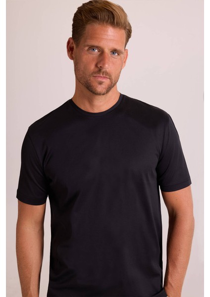 Erkek Siyah Regular Fit Merserize Pamuk T-Shirt