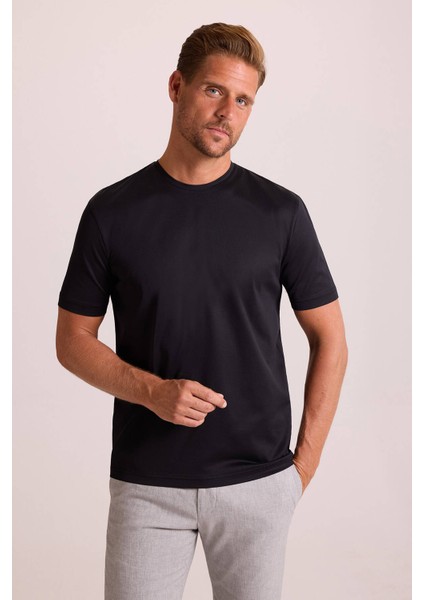 Erkek Siyah Regular Fit Merserize Pamuk T-Shirt