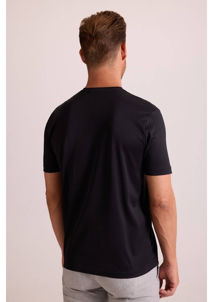 Erkek Siyah Regular Fit Merserize Pamuk T-Shirt