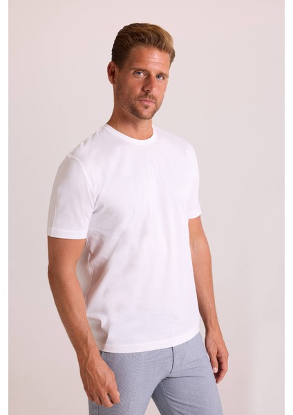 Erkek Beyaz Regular Fit Merserize Pamuk T-Shirt