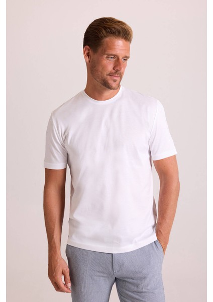 Erkek Beyaz Regular Fit Merserize Pamuk T-Shirt fırsatları