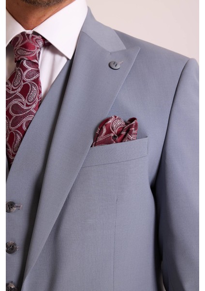 Erkek Gri Slim Fit Sivri Yaka Yelekli Takım Elbise