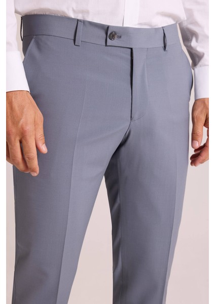 Erkek Gri Slim Fit Sivri Yaka Yelekli Takım Elbise