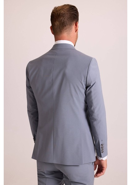 Erkek Gri Slim Fit Sivri Yaka Yelekli Takım Elbise