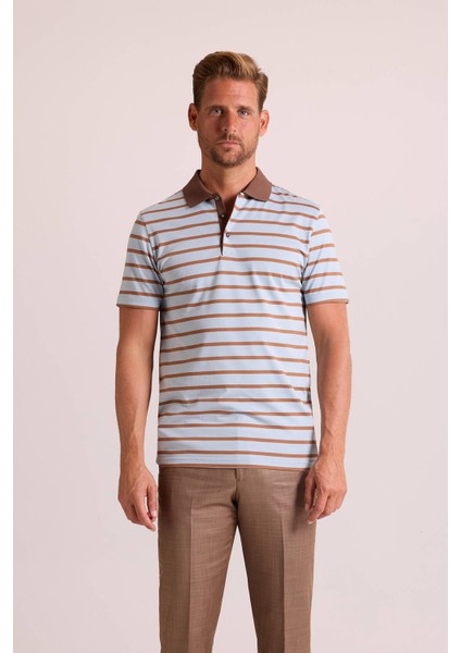 Erkek Kahverengi Lacivert Polo Yaka Çizgili T-Shirt